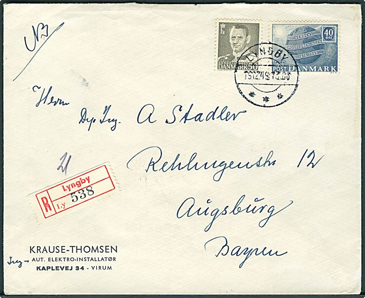 40 øre UPU og 50 øre Fr. IX på anbefalet brev fra Lyngby d. 19.12.1949 til Augsburg, Tyskland. På bagsiden Julemærke 1949 bundet til kuvert med ank.stempel i Augsburg d. 21.12.1949.