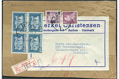 30/15 øre Verdensflygtningeår, 95 øre Fr. IX og 60 øre Postkongres i fireblok på BREVFORSIDE fra anbefalet brev fra Århus d. 12.11.1963 til Schwetzingen, Tyskland.