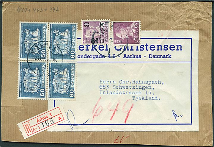 30/15 øre Verdensflygtningeår, 95 øre Fr. IX og 60 øre Postkongres i fireblok på BREVFORSIDE fra anbefalet brev fra Århus d. 12.11.1963 til Schwetzingen, Tyskland.