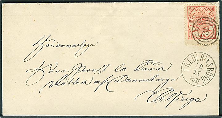 4 sk. Krone/Scepter (mgl. hjørnetak) på brev annulleret med nr.stempel 18 og sidestemplet lapidar Frederiksborg d. 29.11.18xx til Helsinge.