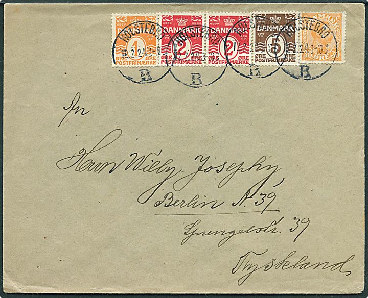 1 øre, 2 øre (2), 5 øre Bølgelinie og 30 øre Chr. X på brev annulleret med brotype IIIb Holstebro B. d. 12.2.1924 til Berlin, Tyskland.