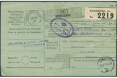 Ufrankeret engelsk adressekort for pakke fra Manchester d. 15.12.1921 via Esbjerg til Holstebro. Påsat dansk BLÅ pakke-reg. etiket fra Esbjerg.