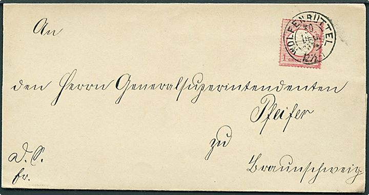 1 gr. Stort Bryskskjold på brev fra Wolfenbüttel d. 30.12.1874 til Braunschweig.