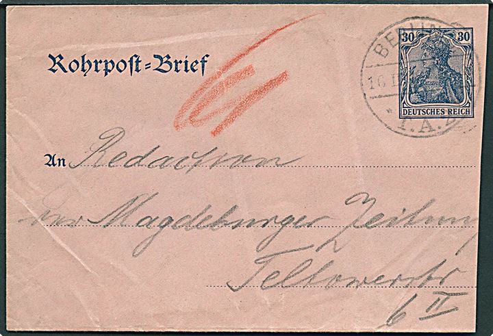 30 pfg. Germania rørpost helsagskuvert sendt lokalt i Berlin d. 16.2.1906.