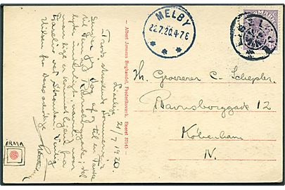 15 øre Chr. X på brevkort (Fiskerbåde ved Liseleje) annulleret med uldent stjernestempel LISELEJE og sidestemplet brotype IIIb Melby d. 22.7.1920 til København. Sjældent stempel Skilling: 1800,-