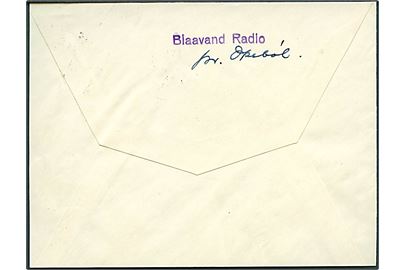 20 øre Chr. X på brev annulleret med udslebet stjernestempel BLAAVAND og sidestemplæet Oksbøl d. 17.9.1945 til Næstved. På bagsiden stempel: Blaavand Radio.