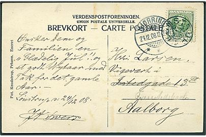5 øre Fr. VIII på brevkort (Parti fra Rubjerg Knude) annulleret med stjernestempel LØNSTRUP og sidestemplet Hjørring d. 24.12.1908 til Aalborg.
