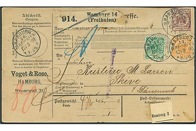 5 pfg., 25 pfg. og 50 pfg. på adressekort for pakke stemplet Hamburg 14. (Freihafen) d. 12.3.1898 via Kolding til Skive, Danmark.