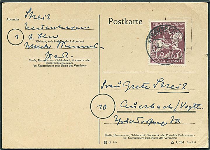 6+14 pfg. Oldenburg 600 år single på brevkort fra Strausberg d. 28.2.1945 til Auerbach. 