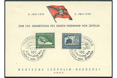 Graf Zeppelin 100 år på souvenir kort stemplet Friedrichshafen d. 8.7.1938.
