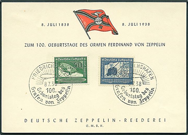 Graf Zeppelin 100 år på souvenir kort stemplet Friedrichshafen d. 8.7.1938.