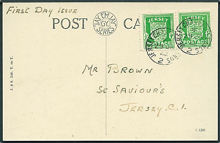 ½d Jersey lokal udg. i parstykke på FDC brevkort stemplet Jersey Channel Islands d. 29.1.1942 til St. Saviour's, Jersey.