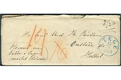 1865. Ufrankeret pakkefølgebrev påskrevet Hermed en Pakke i Papir mærket Adressen med blåt anriqua Stege d. 15.9.1865 til Ondløse pr. Holbæk. Påskrevet 2½ Lod. Porto 16 sk. rettet til 19 sk. Fuldt indhold.