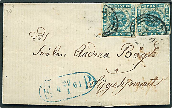 2 sk. 1855 udg. (2) på fodpostbrev annulleret med nr.stempel 1 og sidestemplet ovalt blåt fodpoststempel F:P: d. 29.1.1861 til Sÿgehjemmet.