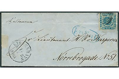 2 sk. 1855 udg. på fodpostbrev annulleret med nr.stempel 1 og sidestemplet Kiøbenhavn K.B. d. 16.3.1864 og ovalt fodpoststempel F:P: d. 17.3.1864 til Lieutnant H. P. Kaspersen, Nørrebrogade No. 51.