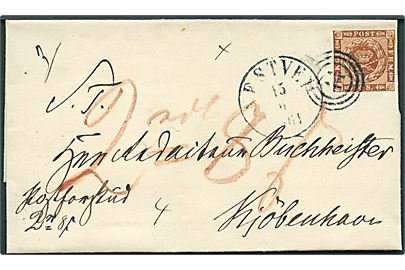 4 sk. 1858 udg. på brev med Postforskud (2 rd. 8 sk.) annulleret med nr.stempel 44 og sidestemplet antiqua Nestved d. 15.6.1861 til Kjøbenhavn.