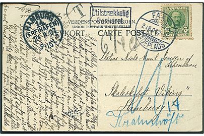 5 øre Fr. VIII på underfrankeret brevkort fra Faxe Ladeplads d. 26.8.1907 til Skoleskibet Viking i Hamburg. Stemplet T og Utilstrækkelig frankeret samt udtakseret i 10 pfg. tysk porto.