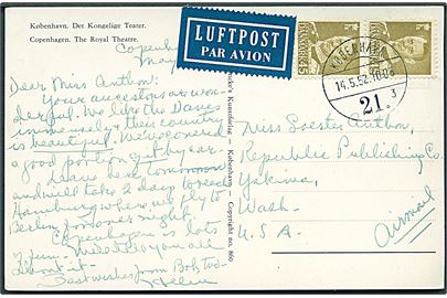 45 øre Fr. IX i parstykke på luftpost brevkort fra København d. 14.5.1952 til Yakiva, Washington, USA.