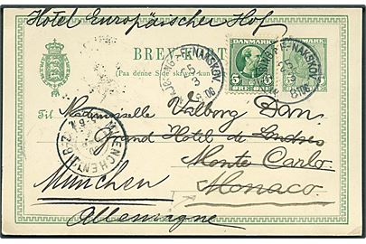 5 øre Chr. IX helsagsbrevkort opfrankeret med 5 øre Chr. IX fra Nakskov annulleret med lapidar Nykjøbing p. F. - Nakskov d. 25.3.1906 til Monte Carlo, Monaco - eftersendt til München, Tyskland. God destination.