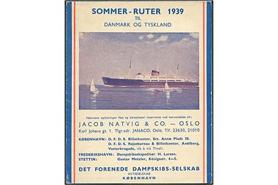 Sommer-Ruter 1939 til Danmark og Tyskland. DFDS rejseplan med billede af M/S Kronprins Olav.