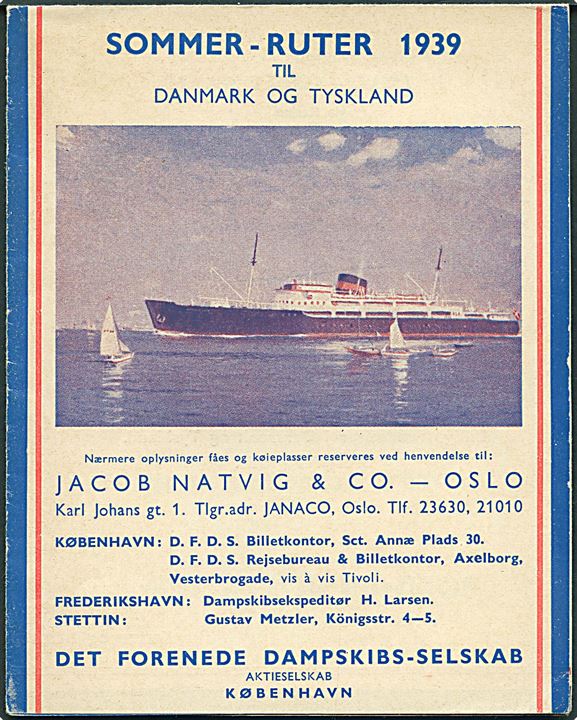 Sommer-Ruter 1939 til Danmark og Tyskland. DFDS rejseplan med billede af M/S Kronprins Olav.