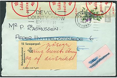 Engelsk 9d på brev fra Plymouth d. 1.5.1967 til København, Danmark. Til returpostkontoret med Lukket af postvæsnet. Flere påtegninger.