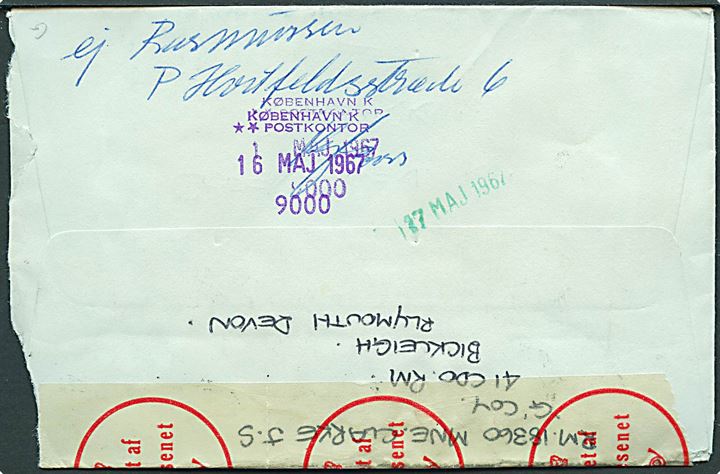 Engelsk 9d på brev fra Plymouth d. 1.5.1967 til København, Danmark. Til returpostkontoret med Lukket af postvæsnet. Flere påtegninger.