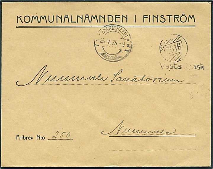 Ufrankeret fribrev fra Friström med brevsamlings stempel Vestanträsk og landpoststempel “2616” (Rute Vestanträsk-Båtsvik) via Mariehamn d. 25.5.1935 til Nummela. God kombination.
