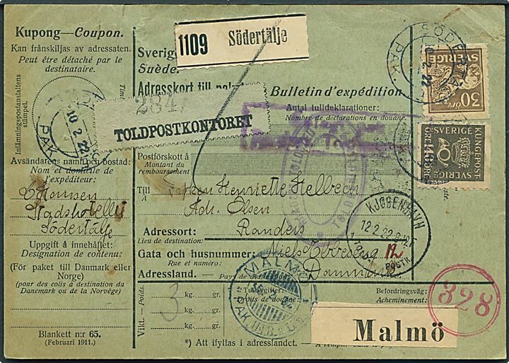 30 öre Løve og 140 öre Posthorn på internationalt adressekort for pakke fra Södertälje d. 10.2.1922 via Kjøbenhavn Toldpostkontor til Randers, Danmark.