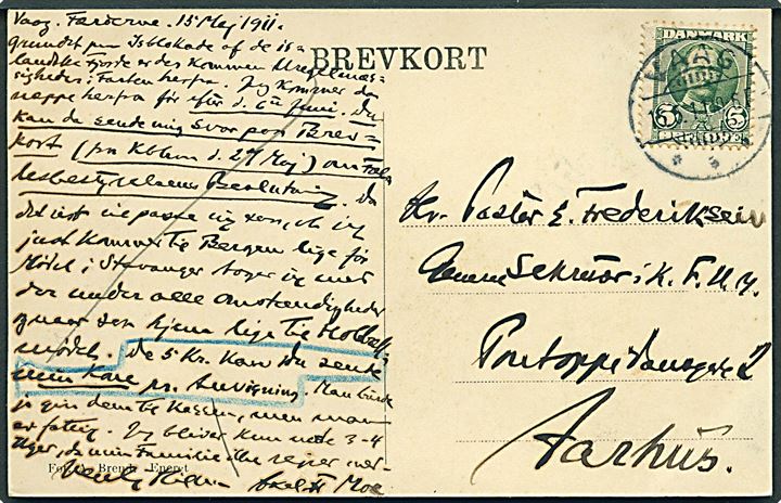 5 øre Fr. VIII på brevkort (Kystparti fra Færøerne) stemplet Vaag d. 15.5.1911 til Aarhus.
