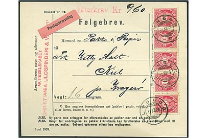 10 øre Posthorn (5) på adressekort for pakke med postopkrævning fra Lyngør d. 17.12.1909 til Kiil pr. Kragerø.