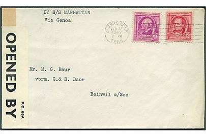 2 cents og 3 cents på overflade brev fra Clarksville d. 22.2.1940 til Beinwil, Schweiz. Påskrevet By S/S Manhattan via Genoa og åbnet af britisk censur i Gibraltar med banderole PC66A/6167 Gibraltar. Sjælden censur.