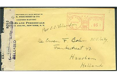 5 cents firmafranko på brev fra New York d. 22.4.1940 til Haarlem, Holland. Påskrevet Per S.S. Volendam. Brevet åbnet af britisk censur og tilbageholdt underkrigen. Liniestempel Released.