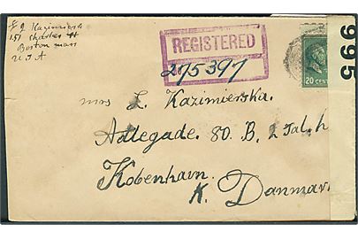 20 cents single på anbefalet brev fra Boston d. 20.12.1939 via New York til København, Danmark. Åbnet af tidlig britisk censur PC66/995. Ank.stemplet i København d. 25.1.1940.
