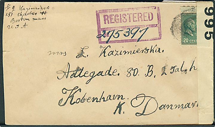 20 cents single på anbefalet brev fra Boston d. 20.12.1939 via New York til København, Danmark. Åbnet af tidlig britisk censur PC66/995. Ank.stemplet i København d. 25.1.1940.