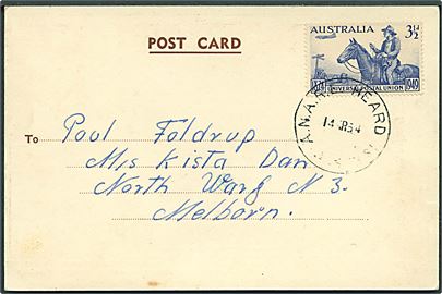 3½d UPU på brevkort stemplet A.N.A.R.E. Heard Is. d. 14.3.1954 til dansk sømand ombord på M/S Kista Dan i Melbourne, Australien. Souvenir postkort fra Antarctic Expedition 1954 som benyttede det danske skib M/S Kista Dan som forsyningsskib.