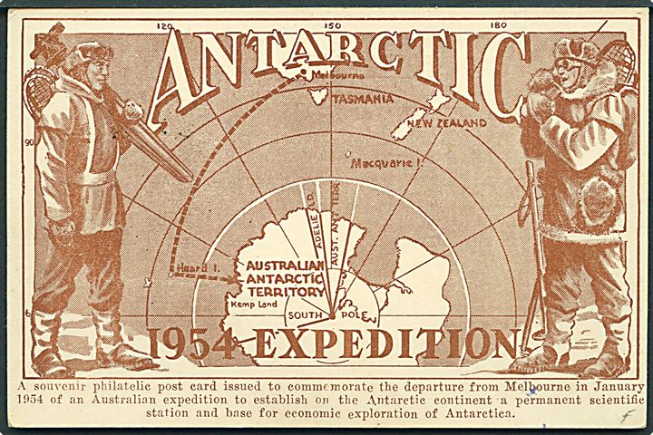 3½d UPU på brevkort stemplet A.N.A.R.E. Heard Is. d. 14.3.1954 til dansk sømand ombord på M/S Kista Dan i Melbourne, Australien. Souvenir postkort fra Antarctic Expedition 1954 som benyttede det danske skib M/S Kista Dan som forsyningsskib.