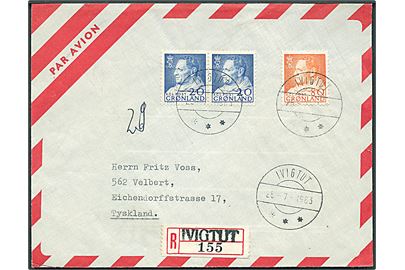 20 øre (2) og 80 øre Fr. IX på anbefalet luftpostbrev fra Ivigtut d. 25.7.1963 til Velbert, Tyskland.