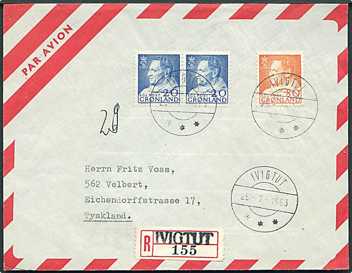 20 øre (2) og 80 øre Fr. IX på anbefalet luftpostbrev fra Ivigtut d. 25.7.1963 til Velbert, Tyskland.