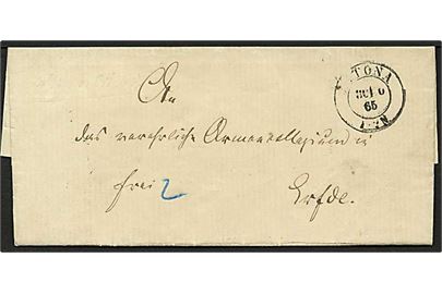 1865. Ufrankeret brev fra Altona d. 30.10.1865 via Friedrichstadt og Lunden til Eckernförde. Transit stempler på bagsiden.