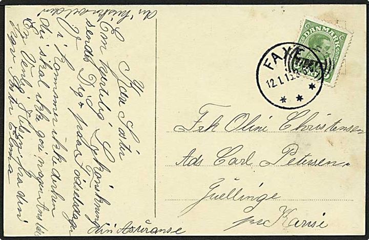 5 øre Chr. X på brevkort annulleret med stjernestempel VTOFTE og sidestemplet Faxe d. 12.1.1915 til Karise.