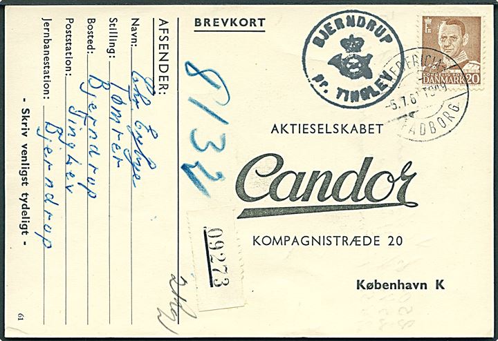 20 øre Fr. IX på brevkort annulleret med bureaustempel Fredericia - Padborg T.1949 d. 5.7.1961 og sidestemplet med posthornstempel BJERNDRUP pr. TINGLEV til København.