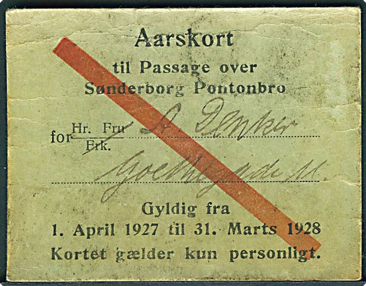 Sønderborg Pontonbro. Aarskort 1927-1928. 