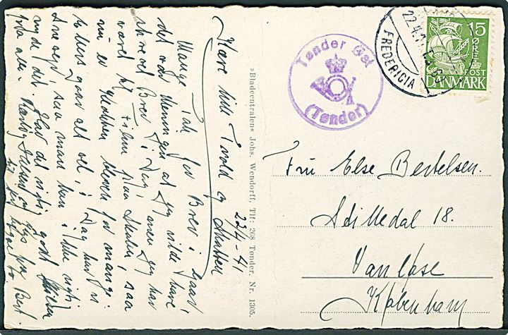 15 øre Karavel på brevkort (Søndergade i Tønder) annulleret med bureaustempel København - Fredericia T.9?60 d. 22.4.1941 og sidestemplet med posthornstempel Tønder Øst (Tønder) til Vanløse pr. København. 