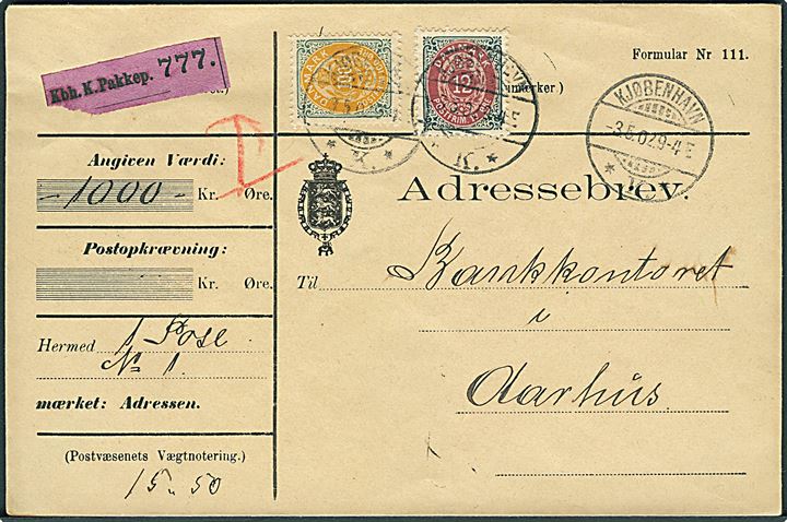 12 øre 32. tryk og 100 øre 7. tryk Tofarvet på adressebrev for værdipakke fra Kjøbenhavn d. 3.5.1902 til Aarhus.