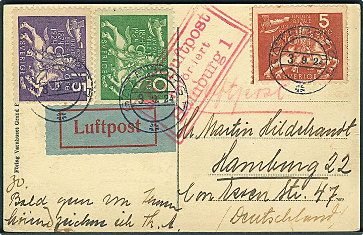 5 öre, 10 öre og 15 öre UPU på luftpost brevkort fra Göteborg d. 3.9.1924 til Hamburg, Tyskland. Rammestempel: Mit Luftpost befördert Hamburg 1.