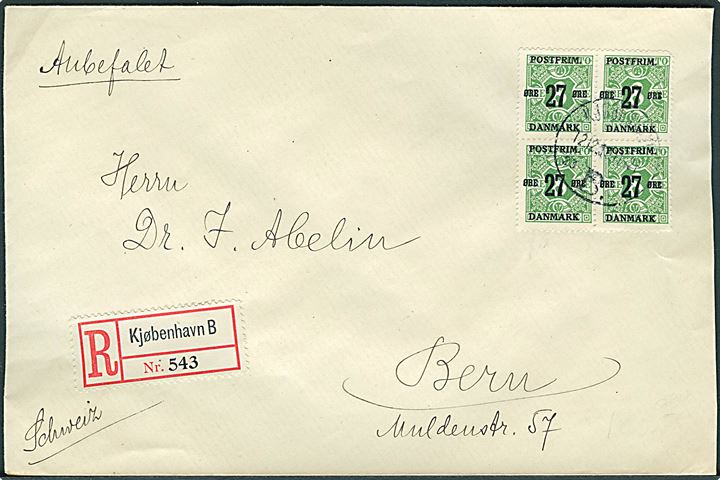 27/8 øre Provisorium i fireblok på anbefalet brev fra Kjøbenhavn d. 12.12.1918 til Bern, Schweiz.