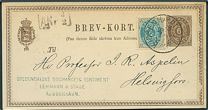 6 øre helsagsbrevkort opfrankeret med 4 øre Tofarvet fra Kjøbenhavn d. 29.1.1879 via russisk bureau og St. Petersborg til Helsingfors, Finland. Ank.stemplet d. 3.2.1879.