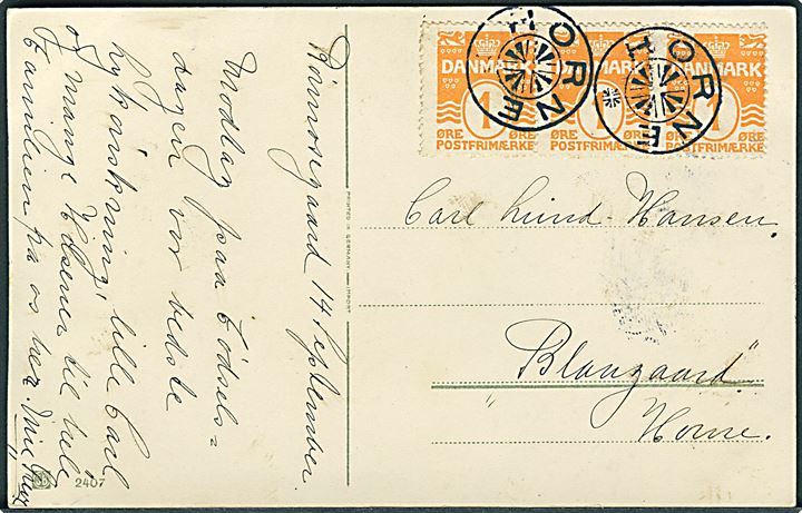 1 øre Bølgelinie i 3-stribe på lokalt brevkort fra Rørmosegaard d. 14.9.19xx annulleret med stjernestempel HORNE til Blaugaard pr. Horne.