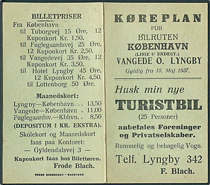 Køreplan for rutebil linie 6 København over Lyngby til Vangede. Gyldig fra 15.5.1937.